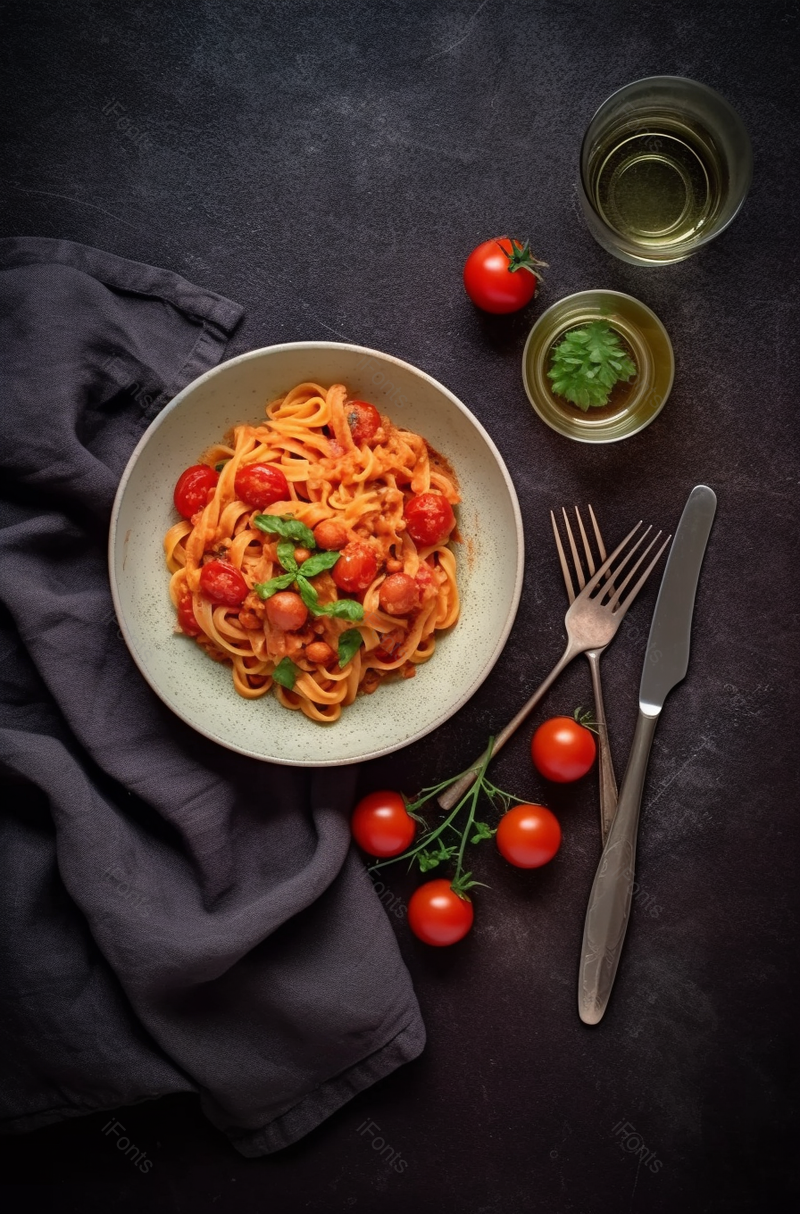 木制餐具,织物,香料罐和一碗大虾,樱桃番茄和欧芹意大利面,高清,摄影图,摄影图片,图片大全,摄影图免费下载